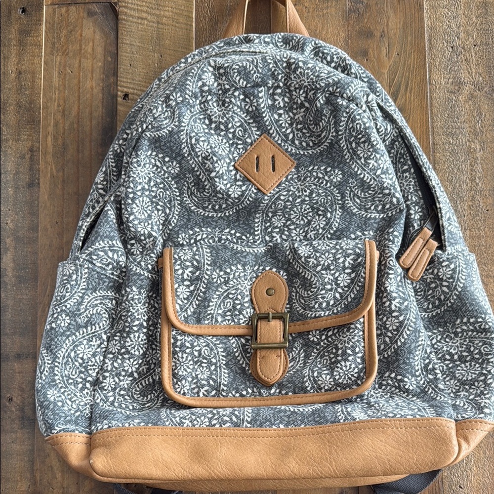 Pottery Barn Teen Blue/Grey Paisley Backpack with Tan Trim- Excellent condition